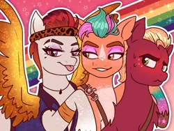 Size: 2048x1536 | Tagged: safe, artist:the-fucking-cannibal, derpibooru import, hitch trailblazer, rocky riff, sprout cloverleaf, earth pony, pegasus, pony, g5, image, makeup, png, rainbow, trio