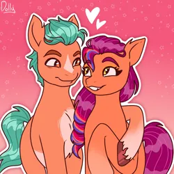 Size: 2048x2048 | Tagged: safe, artist:the-fucking-cannibal, derpibooru import, hitch trailblazer, sunny starscout, earth pony, pony, g5, duo, gradient background, hoof around neck, image, looking at each other, looking at someone, not shipping, png