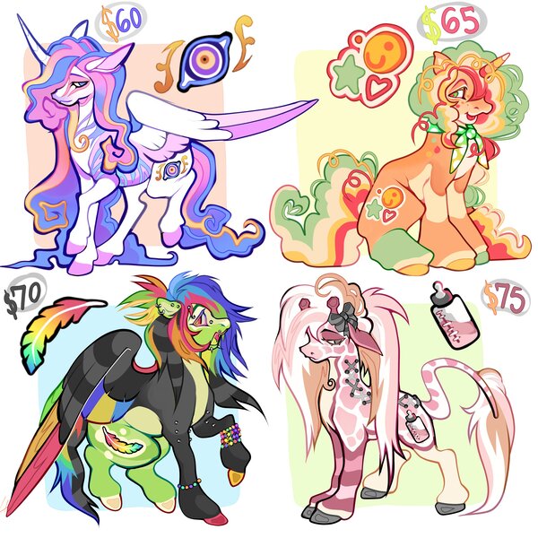 Size: 3000x3000 | Tagged: safe, artist:colorwurm, derpibooru import, part of a set, oc, unnamed oc, unofficial characters only, alicorn, hybrid, pegasus, pony, unicorn, zony, adoptable, alicorn oc, ambiguous gender, angel bites, bald face, black bow, blaze (coat marking), blue eyes, bow, bracelet, bridge piercing, clothes, coat markings, colored, colored belly, colored eyebrows, colored fetlocks, colored hooves, colored horn, colored muzzle, colored pinnae, colored pupils, colored wings, colored wingtips, corset piercing, curly mane, curly tail, curly til, curved horn, dermal piercing, dyed mane, dyed tail, ear piercing, earring, eyebrow piercing, facial markings, floppy ears, for sale, giraffe pony, gray eyes, gray hooves, green eyes, green tongue, group, hair bow, high res, hooves, horn, image, impossibly long mane, impossibly long tail, jewelry, jpeg, kandi, kandi bracelet, large wings, leg piercing, leg stripes, leonine tail, lidded eyes, lip piercing, long ears, long horn, long mane, long tail, looking back, mismatched hooves, multicolored eyelashes, multicolored hair, multicolored hooves, multicolored horn, multicolored mane, multicolored tail, multicolored wings, neckerchief, no catchlights, no pupils, open mouth, open smile, orange coat, orange pupils, ossicones, pale belly, partially open wings, passepartout, pegasus oc, piercing, pink coat, pink eyelashes, ponytail, profile, purple hooves, quartet, raccoon tail, rainbow hair, rainbow tail, rainbow wings, raised hoof, raised leg, red eyes, scarf, scene, scene hair, shiny hooves, simple background, sitting, smiling, snake bites, socks (coat marking), spots, spotted, standing, stripes, tail, three toned mane, three toned tail, tied mane, tongue out, tri-color mane, tri-color tail, tri-colored mane, tri-colored tail, tricolor mane, tricolor tail, tricolored mane, tricolored tail, two toned coat, unicorn horn, unicorn oc, wall of tags, white background, white coat, wing markings, wings, yellow pupils