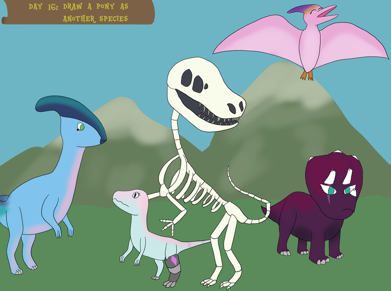 Size: 3840x2860 | Tagged: safe, artist:khazard, derpibooru import, kerfuffle, pipp petals, skellinore, tempest shadow, dinosaur, parasaurolophus, pterosaur, triceratops, tyrannosaurus rex, velociraptor, series:grogar's game, g5, the break up breakdown, atg 2024, bone, dinosaurified, g4, image, misty brightdawn, newbie artist training grounds, png, skeleton, species swap