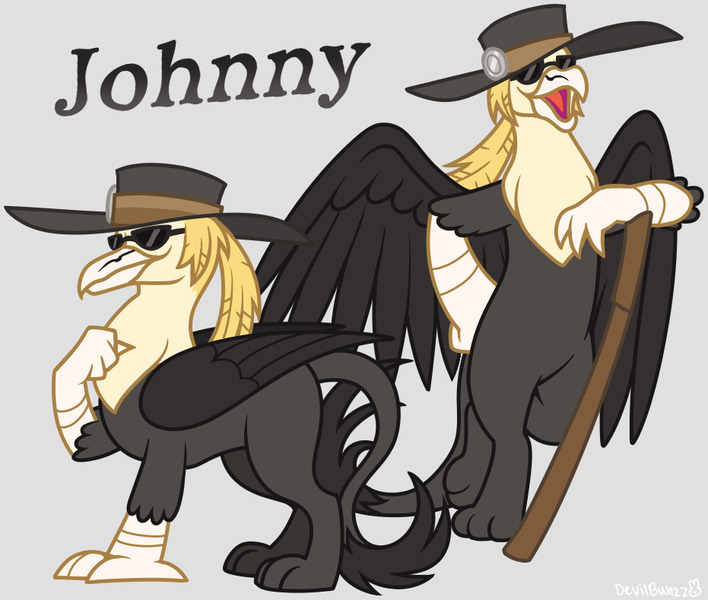 Size: 931x789 | Tagged: safe, artist:devilbunzz, derpibooru import, part of a set, gryphon, beak, big hat, bipedal, black tail, blonde hair, colored wings, cowboy hat, folded wings, gray background, griffonized, guilty gear, hand on hip, hat, image, johnny (guilty gear), jpeg, large wings, leonine tail, male, open mouth, open smile, partially open wings, raised claw, simple background, smiling, solo, species swap, staff, sunglasses, tail, text, tongue out, wings