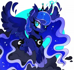 Size: 2048x1932 | Tagged: safe, artist:infinithiez, derpibooru import, princess luna, alicorn, pony, alternate design, big ears, big eyes, blaze (coat marking), blue coat, blue eyes, blue magic, blue mane, blue tail, cheek fluff, chest fluff, circle background, cloud, coat markings, colored ear fluff, colored eartips, colored wings, colored wingtips, crown, curved horn, cute, ear fluff, ear piercing, ear tufts, earring, ethereal mane, ethereal tail, eyeshadow, facial markings, feather, female, flowing mane, flowing tail, g4, glow, glowing eyes, glowing horn, gradient horn, hoof shoes, horn, image, jewelry, jpeg, lidded eyes, looking back, lunabetes, lying down, magic, makeup, mare, multicolored wings, on a cloud, passepartout, peytral, piercing, princess shoes, prone, purple eyeshadow, regalia, shiny eyes, simple background, sitting, sitting on cloud, smiling, socks (coat marking), solo, sparkly mane, sparkly tail, spread wings, starry mane, starry tail, tail, thick eyelashes, tiara, two toned mane, two toned tail, unicorn horn, wavy mane, wavy tail, white background, wing fluff, wingding eyes, wings