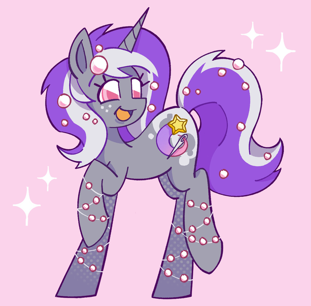 Size: 1238x1219 | Tagged: safe, artist:shrimpnurse, derpibooru import, oc, oc:silver seams, unofficial characters only, pony, unicorn, beads, colored pinnae, colored pupils, commission, eyelashes, female, freckles, gray coat, hair accessory, horn, image, jewelry, long legs, long mane, long tail, looking back, mane accessory, mare, open mouth, open smile, pearl, pink background, pink eyes, pink pupils, png, purple mane, purple tail, raised hoof, raised leg, shiny eyes, simple background, smiling, solo, sparkles, standing, tail, tongue out, two toned mane, two toned tail, unicorn horn, unicorn oc