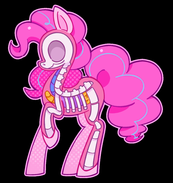 Size: 1032x1089 | Tagged: safe, artist:shrimpnurse, derpibooru import, pinkie pie, earth pony, pony, big tail, black background, bone, curly mane, curly tail, dissectibles, esophagus, female, g4, grimcute, image, long legs, mare, organs, outline, pink mane, pink tail, png, profile, raised hoof, ribcage, simple background, skeleton, skull, solo, standing, tail