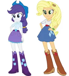 Size: 545x600 | Tagged: safe, derpibooru import, applejack, rarity, equestria girls, belt, boots, clothes, clothes swap, cowboy hat, g4, hat, high heel boots, image, jpeg, palette swap, recolor, shirt, shoes, simple background, skirt, solo, white background