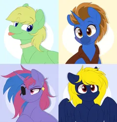 Size: 2000x2096 | Tagged: safe, artist:higgly-chan, derpibooru import, oc, oc:lemming, oc:naveen numbers, oc:retro bit, unofficial characters only, pegasus, pony, unicorn, blonde mane, blue background, blue coat, blue eyes, blushing, brown eyes, brown mane, bust, circle background, clothes, collar, colored muzzle, commission, eye clipping through hair, eyebrows, eyebrows visible through hair, eyelashes, female, folded wings, green coat, group, horn, image, mare, pegasus oc, png, portrait, quartet, shiny eyes, signature, simple background, smiling, solo, stallion oc, tongue out, trans female, transgender, transgender oc, two toned mane, unicorn oc, vest, wings