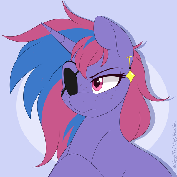 Size: 1000x998 | Tagged: safe, artist:higgly-chan, derpibooru import, oc, unofficial characters only, pony, unicorn, anonymous commissioner, bust, circle background, commission, ear piercing, earring, eyebrows, eyebrows visible through hair, eyelashes, eyepatch, freckles, horn, image, jewelry, narrowed eyes, piercing, pink eyes, png, portrait, purple background, purple coat, raised eyebrow, signature, simple background, solo, two toned mane, unicorn horn, unicorn oc