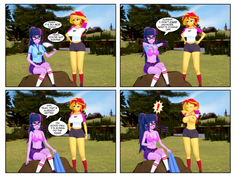 Size: 4113x3085 | Tagged: questionable, artist:misunderstoodsecrets, derpibooru import, sci-twi, sunset shimmer, twilight sparkle, human, equestria girls, g4, 3d, big breasts, breasts, busty sunset shimmer, camp everfree outfits, casual nudity, clothes, comic, emanata, exhibitionism, female, image, kneesocks, koikatsu, lesbian, nipples, no bra underneath, nudity, outdoors, partial nudity, png, reacting to nudity, ship:sci-twishimmer, shipping, shirt, shirt lift, shorts, socks, speech bubble, sports bra, sunsetsparkle, topless, undressing