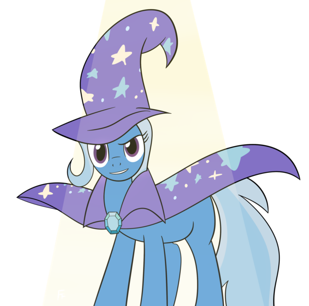 Size: 2686x2666 | Tagged: safe, artist:frownfactory, derpibooru import, trixie, pony, unicorn, atg 2024, cape, clothes, confident, g4, grin, hat, horn, image, newbie artist training grounds, png, simple background, smiling, solo, spotlight, transparent background, trixie's cape, trixie's hat