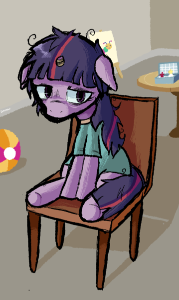 Size: 824x1379 | Tagged: safe, artist:lemomew, derpibooru import, twilight sparkle, caterpillar, pony, unicorn, fanfic:muffins, asylum, ball, bandage, battleship, broken horn, canvas, chair, clothes, fanfic art, floppy ears, horn, image, mentally ill twilight, messy mane, painting, png, sitting, solo, spoilers for another series, table