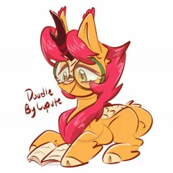 Size: 1722x1722 | Tagged: safe, artist:cupute, derpibooru import, oc, oc:amber phoenix, unofficial characters only, kirin, book, chest fluff, doodle, glasses, green eyes, hoof fluff, hooves, image, jpeg, looking down, orange coat, reading, red hair, simple background, sitting, solo, white background