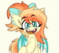 Size: 1318x1188 | Tagged: safe, artist:nekro-led, derpibooru import, oc, oc:sunshine drift, unofficial characters only, bat pony, pony, bat eyes, bat pony oc, bat wings, bow, ear fluff, eye clipping through hair, eyebrows, eyebrows visible through hair, fangs, female, hair bow, image, jpeg, mare, open mouth, open smile, simple background, smiling, solo, spread wings, teeth, wings, yellow background