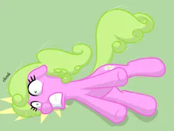 Size: 2000x1500 | Tagged: safe, artist:nitei, derpibooru import, daisy, flower wishes, earth pony, pony, fainting goat, g4, image, lying down, onomatopoeia, pinpoint eyes, png, scared, side, solo, teeth