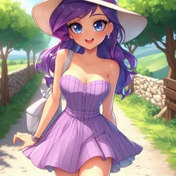 Size: 1024x1024 | Tagged: safe, ai content, derpibooru import, generator:copilot, machine learning generated, rarity, human, anime, bag, bare shoulders, blushing, breasts, busty rarity, cleavage, clothes, cute, dirt road, dress, g4, generator:dall-e 3, handbag, hat, humanized, image, jpeg, looking at you, nature, outdoors, raribetes, smiling, smiling at you, solo, strapless, strapless dress, summer hat, tree, walking, walking towards you