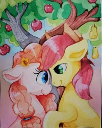 Size: 1638x2048 | Tagged: safe, artist:valemjj, derpibooru import, bright mac, pear butter, pony, apple, apple tree, applejack's parents, duo, duo male and female, female, food, g4, image, intertwined trees, male, pear tree, png, traditional art, tree