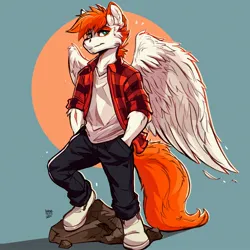 Size: 2048x2048 | Tagged: safe, artist:guarez wolf, derpibooru import, oc, oc:coffee spots, unofficial characters only, anthro, pegasus, abstract background, anthro oc, flannel, flannel shirt, hand in pocket, image, jpeg, looking at you, male, orange mane, solo