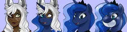 Size: 2400x600 | Tagged: safe, artist:rindeadsong, derpibooru import, princess luna, inflatable pony, pony, pooltoy pony, bean mouth, bust, female, final fantasy, grin, human to pony, image, inanimate tf, inflatable, png, portrait, smiling, transformation, transformation sequence, viera