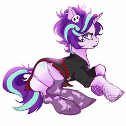 Size: 2048x2048 | Tagged: suggestive, artist:fleuranonette, derpibooru import, starlight glimmer, unicorn, clothes, feet, fishnet clothing, fishnets, garters, goth pony, gothic, horn, image, jpeg, lipstick, miniskirt, simple background, skirt, socks, stocking feet, stockings, sultry pose, thigh highs, torn clothes, trad goth, white background