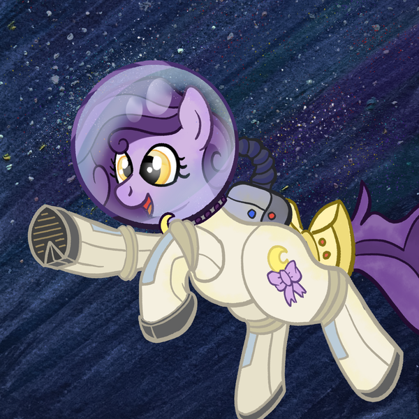 Size: 2046x2046 | Tagged: safe, artist:lunar harmony, ponerpics import, oc:lunar harmony, pony, bow, cute, female, floating, image, mare, png, reaching, solo, space, space walk, spacesuit, stars, tail bow