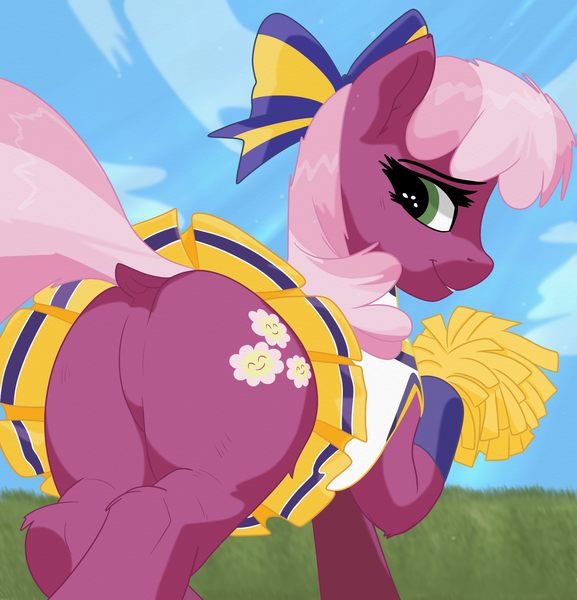 Size: 1696x1764 | Tagged: suggestive, artist:tunter, derpibooru import, cheerilee, earth pony, pony, butt, cheerileeder, cheerleader, dock, featureless crotch, female, flowerbutt, grin, image, lidded eyes, looking at you, looking back, looking back at you, mare, plot, png, presenting, smiling, smiling at you, solo, solo female, tail