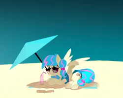 Size: 2284x1840 | Tagged: safe, artist:mandumustbasukanemen, derpibooru import, oc, oc:sugar stamp, pegasus, pony, beach, book, clothes, drink, female, image, jpeg, lying down, mare, relaxing, solo, sun, sunglasses, swimsuit