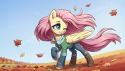 Size: 2560x1456 | Tagged: safe, ai content, derpibooru import, generator:toonifypdxl, machine learning generated, fluttershy, pegasus, pony, autumn leaves, boots, clothes, cute, female, folded wings, g4, hoof boots, image, jacket, leaf, leaves, mare, one eye closed, pants, png, prompter:siber, raised hoof, shoes, sky, smiling, solo, tail, wind, windswept mane, windswept tail, wings