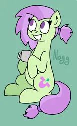 Size: 1965x3221 | Tagged: safe, artist:naggfruit, derpibooru import, oc, oc:lavender charm, unofficial characters only, earth pony, pony, female, image, mare, mug, offspring, parent:marble pie, parent:trouble shoes, parent:troubleshoes clyde, parents:marbleshoes, png, signature, simple background, sitting, solo