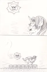 Size: 1204x1846 | Tagged: safe, artist:nedemai, derpibooru import, starlight glimmer, pony, unicorn, 2 panel comic, angry sun, atg 2024, chase, comic, female, g4, here comes the sun, horn, image, jpeg, mare, newbie artist training grounds, running, solo, super mario bros. 3, sweat