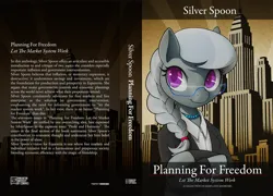 Size: 2500x1800 | Tagged: safe, artist:darkdoomer, ponerpics import, silver spoon, pony, book, book cover, building, city, cityscape, clothes, cover, economics, female, filly, glasses, image, jpeg, manehattan, philosophy, solo, suit