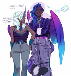 Size: 1803x1906 | Tagged: safe, artist:peachmichea, derpibooru import, human, g5, allura, breasts, cleavage, clothes, coat, crossed arms, dark skin, dialogue, duo, duo female, female, horn, horned humanization, humanized, image, jpeg, opaline arcana, simple background, white background, winged humanization, wings