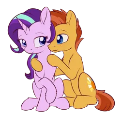 Size: 1114x1068 | Tagged: safe, artist:dusthiel, derpibooru import, starlight glimmer, sunburst, pony, unicorn, atg 2018, duo, duo female, eye contact, female, g4, horn, image, looking at each other, looking at someone, male, mare, newbie artist training grounds, old art, png, shipping, simple background, sitting, smiling, stallion, starburst, straight, tail, transparent background