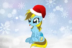 Size: 626x417 | Tagged: safe, artist:krystalheartbases, artist:lucky bolt, derpibooru import, oc, oc:lucky bolt, unofficial characters only, pegasus, pony, :p, base used, chest fluff, christmas, colored wings, cute, cutie mark, female, hat, holiday, image, jpeg, santa hat, simple background, sitting, snow, snowfall, solo, tongue out, two toned wings, wings