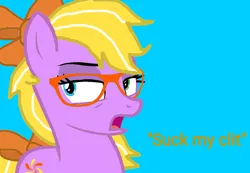 Size: 862x598 | Tagged: suggestive, artist:kingbases, artist:lucky bolt, derpibooru import, oc, oc:misty breeze, unofficial characters only, earth pony, pony, annoyed, base used, bow, cutie mark, female, glasses, hair bow, heterochromia, image, jpeg, language, simple background, solo, tail, tail bow, text, vulgar