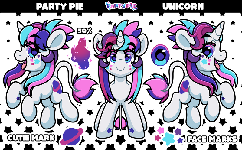 Size: 3593x2227 | Tagged: safe, artist:partypievt, derpibooru import, oc, oc:party pie, unofficial characters only, classical unicorn, pony, unicorn, bangs, cloven hooves, eyebrows, eyebrows visible through hair, facial markings, fringe, horn, image, leonine tail, png, ponytail, reference, reference sheet, tail, unshorn fetlocks