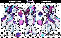 Size: 3593x2227 | Tagged: safe, artist:partypievt, derpibooru import, oc, oc:party pie, unofficial characters only, classical unicorn, pony, unicorn, bangs, cloven hooves, eyebrows, eyebrows visible through hair, facial markings, fringe, horn, image, leonine tail, png, ponytail, reference, reference sheet, tail, unshorn fetlocks