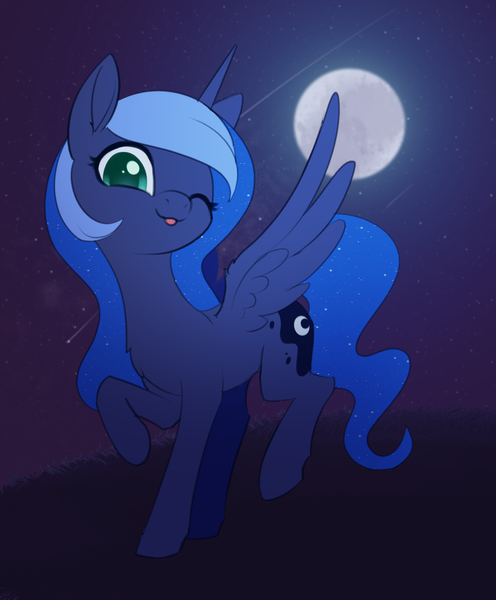 Size: 2094x2532 | Tagged: safe, artist:dusthiel, derpibooru import, princess luna, alicorn, pony, cute, female, full moon, g4, high res, horn, image, looking at you, lunabetes, mare, moon, night, night sky, one eye closed, outdoors, png, raised hoof, raised leg, sky, smiling, smiling at you, solo, spread wings, standing on two hooves, stars, tail, wings, wink, winking at you