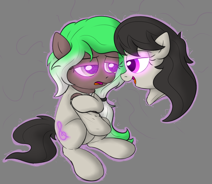 Size: 2466x2143 | Tagged: suggestive, artist:tomlooksatstuff, derpibooru import, octavia melody, oc, oc:cutting edge, earth pony, pony, brainwashing, disembodied head, gray background, hypnosis, image, living clothes, living suit, magic, mask, mind control, open mouth, png, possessed, possession, simple background, suiting, unwilling prey, unwilling transformation