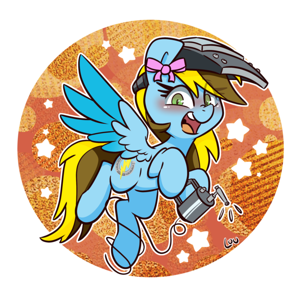 Size: 2120x2048 | Tagged: safe, artist:lou, derpibooru import, oc, oc:lucky bolt, unofficial characters only, pegasus, pony, bow, colored wings, commission, cutie mark, female, flying, hair bow, happy, image, looking at you, png, solo, spread wings, sticker, two toned wings, welding, welding mask, wings