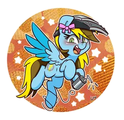 Size: 2120x2048 | Tagged: safe, artist:lou, derpibooru import, oc, oc:lucky bolt, unofficial characters only, pegasus, pony, bow, colored wings, commission, cutie mark, female, flying, hair bow, happy, image, looking at you, png, solo, spread wings, sticker, two toned wings, welding, welding mask, wings