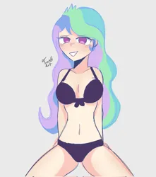 Size: 1814x2048 | Tagged: suggestive, artist:eltrash_art6, derpibooru import, princess celestia, human, equestria girls, alternate hairstyle, bedroom eyes, belly button, black underwear, blushing, bra, clothes, female, g4, gray background, grin, humanized, image, jpeg, lipstick, looking at you, makeup, panties, principal celestia, simple background, smiling, solo, solo female, underwear