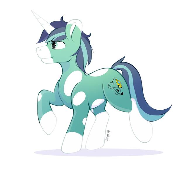 Size: 1280x1208 | Tagged: safe, artist:shpoof, derpibooru import, oc, unofficial characters only, pony, unicorn, blue mane, blue tail, cutie mark, green coat, horn, image, jpeg, mottled coat, shadow, simple background, solo, stallion oc, tail, unicorn oc, white background