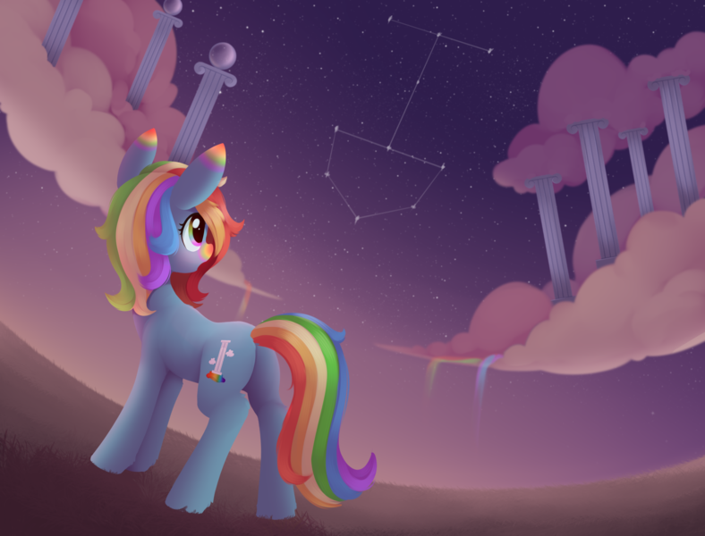 Size: 2484x1892 | Tagged: safe, alternate version, artist:dusthiel, derpibooru import, oc, oc:rainbow palette, unofficial characters only, earth pony, pony, cloud, cloudsdale, earth pony oc, female, high res, image, mare, night, night sky, outdoors, png, sky, solo, stars