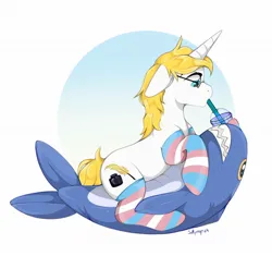 Size: 1280x1205 | Tagged: safe, artist:shpoof, derpibooru import, oc, unofficial characters only, pony, shark, unicorn, blonde mane, blonde tail, blue eyes, blåhaj, clothes, drink, drinking, glasses, horn, image, jpeg, lgbt, plushie, pride, pride flag, pride socks, shark plushie, side view, smoothie, socks, solo, striped socks, tail, transgender pride flag, unicorn oc, white coat