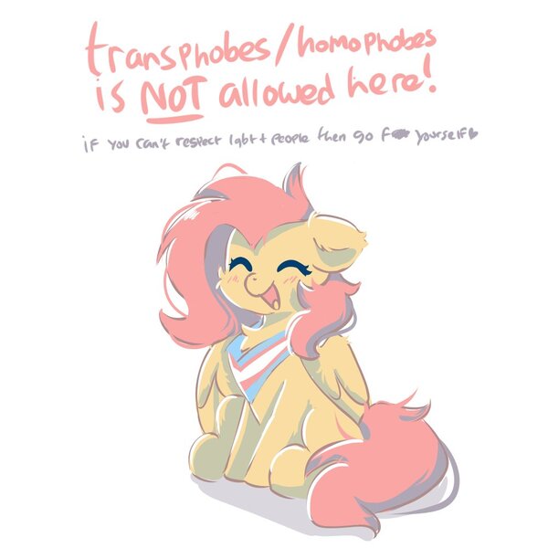 Size: 1000x1000 | Tagged: safe, artist:skylinepony_, derpibooru import, fluttershy, pegasus, pony, ^^, chest fluff, cute, ear fluff, eyes closed, female, fluffy, g4, image, jpeg, open mouth, open smile, pride, pride flag, shyabetes, simple background, sitting, smiling, solo, text, trans fluttershy, transgender pride flag, vulgar, white background, wings