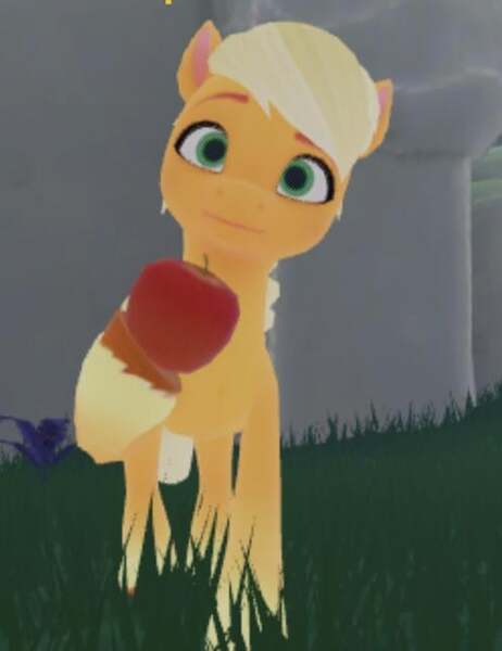 Size: 497x645 | Tagged: safe, artist:alyssalynn112, derpibooru import, applejack, earth pony, pony, g5, 3d, apple, female, food, g4, g4 to g5, game screencap, generation leap, image, jpeg, my little pony: bridlewood rp, raised hoof, roblox, solo