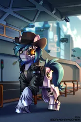 Size: 2000x3000 | Tagged: safe, artist:jedayskayvoker, derpibooru import, oc, oc:ironsides, cyborg, earth pony, pony, amputee, clothes, commission, complex background, cowboy hat, crossover, cybernetic legs, cyberpunk, cyberpunk 2077, earth pony oc, glow, glowing cutie mark, glowing eyes, hat, image, jacket, looking back, male, png, prosthetic eye, prosthetic leg, prosthetic limb, prosthetics, solo, stallion, unshorn fetlocks