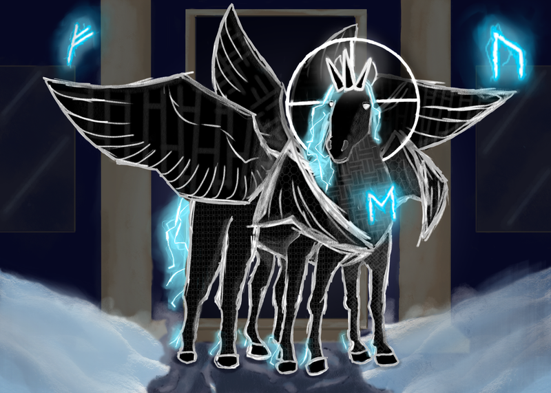 Size: 1120x800 | Tagged: safe, artist:lucerna, derpibooru import, alicorn, fanfic:death valley, eight legs, fanfic art, glow, glowing eyes, horn, image, multiple horns, multiple wings, png, runes, snow, tricorn, wings