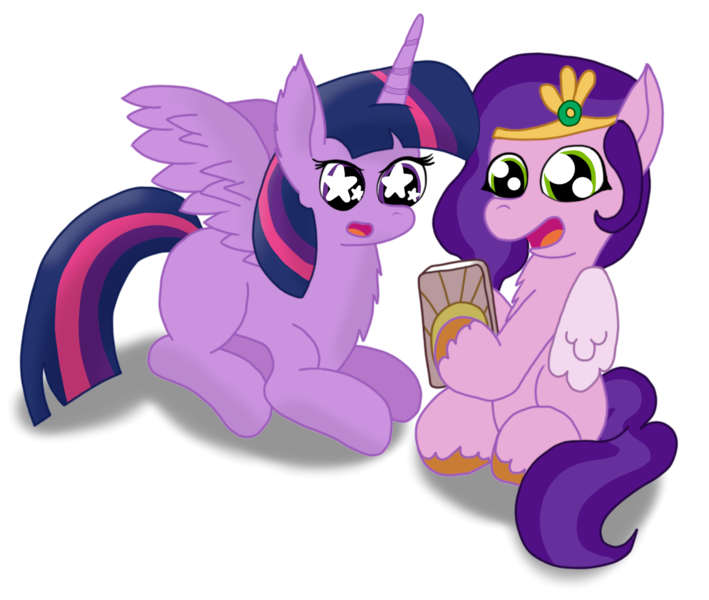 Size: 1280x1083 | Tagged: safe, artist:zeccy, derpibooru import, pipp petals, twilight sparkle, twilight sparkle (alicorn), alicorn, pegasus, pony, g5, duo, duo female, female, g4, image, mare, mobile phone, open mouth, phone, pipp's phone, png, simple background, smartphone, starry eyes, transparent background, wingding eyes