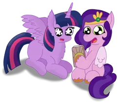 Size: 1280x1083 | Tagged: safe, artist:zeccy, derpibooru import, pipp petals, twilight sparkle, twilight sparkle (alicorn), alicorn, pegasus, pony, g5, duo, duo female, female, g4, image, mare, mobile phone, open mouth, phone, pipp's phone, png, simple background, smartphone, starry eyes, transparent background, wingding eyes