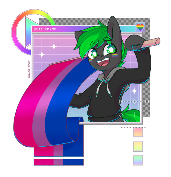 Size: 2328x2403 | Tagged: safe, artist:musicfirewind, derpibooru import, part of a set, oc, oc:bytewave, unofficial characters only, pegasus, pony, bisexual pride flag, clothes, commission, eyebrows, eyebrows visible through hair, gay pride flag, green eyes, green hair, grid, hoodie, image, looking at you, male, open mouth, png, pride, pride flag, simple background, smiling, smiling at you, solo, sparkles, stallion, transparent background, unshorn fetlocks, ych result